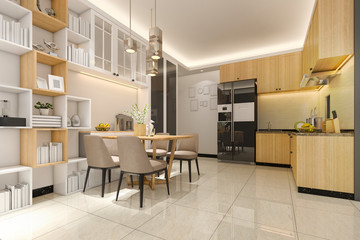 3d rendering white minimal kitchen with luxury decoration