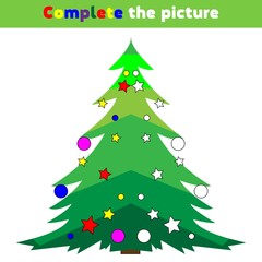 Christmas Game: New Year. Complete the picture Education logic game for preschool kids. Vector Illustration
