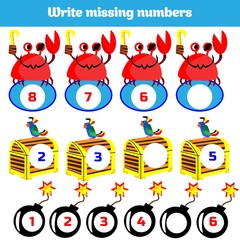 Write the missing number. Mathematics educational game for children. Complete the row, write missing numbers