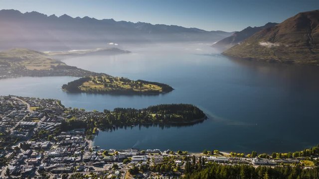 Magical scenery of Queenstown in New Zealand in timelapse video. Queenstown is a tourist hotspot and often voted as the most beautiful town in the world.