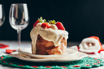 Christmas cake panettone and Christmas decorations.