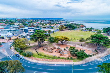 Aerial view of playground and park near Mornington Pier in Melbourne, Australia