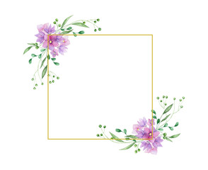 Floral frame with pink roses and decorative leaves. Watercolor Invitation design. Background to save the date. Greeting card with pink flowers. Gold polygonal frame