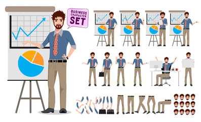 Male business character creation set. Office man cartoon characters showing business presentation while talking with different poses and hand gestures. Vector illustration.
