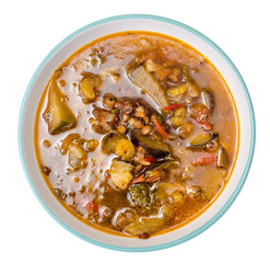 Hot vegetable soup with eggplants and lentils