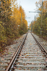 abandoned rail road tracking in the city with trees with autumn colour on both sides