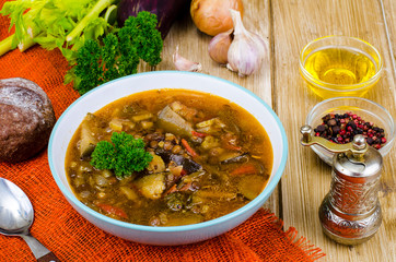 Hot vegetable soup with eggplants and lentils