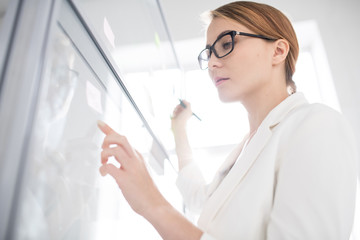 Serious thoughtful attractive young businesswoman in glasses drawing on whiteboard and comparing...