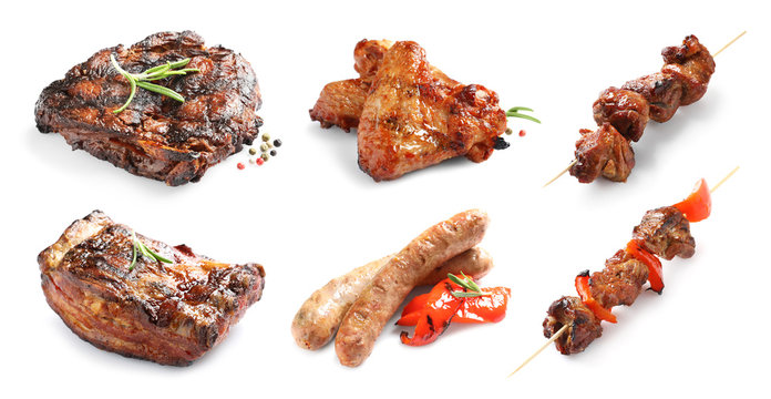 Set with delicious meat on white background. Barbecue recipes