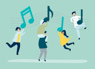 People dancing to the music with musical notes floating in the air