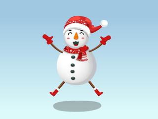 Cute Funny Snowman isolated on blue background.  Merry Christmas and happy new year. decorative element on holiday. Vector illustration.