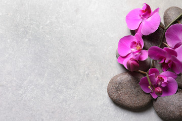 Fototapeta na wymiar Composition with spa stones and orchid flowers on grey background. Space for text