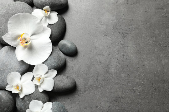 Fototapeta Flat lay composition with spa stones and orchid flowers on grey background. Space for text