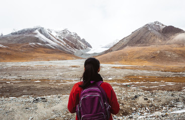 Female traveler in the Himalaya mountains