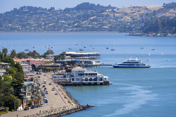 Aerial view of Sausalito's shoreline, with  restaurants facing the water; north San Francisco bay area, California