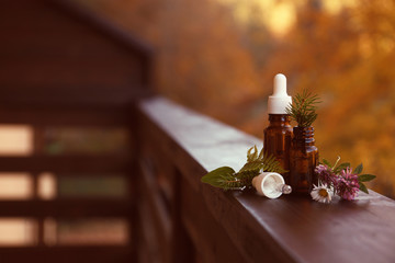 Glass bottles with essential oil and ingredients on blurred background. Space for text