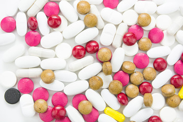 A bunch of colored tablets allopathic and Ayurvedic.Medical topic