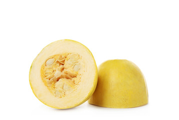 Raw cut spaghetti squash on white background