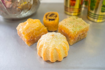 Special turkish pastries assortment with tea set