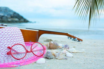 Ukulele Hat and Red Glasses seaside Beach.