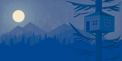 House on the tree Night forest and the mountains Big full moon Wallpaper  Landscape in the style of Flet Vector © Valentine