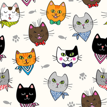 Hipster neck tie cat heads seamless repeat pattern
