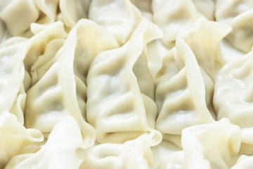 close up of steamed gyoza or pork dumplings