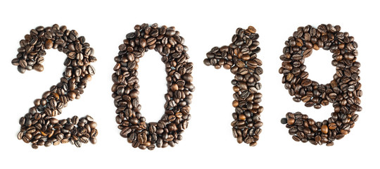 Coffee bean sort by number 2019. Which is BCE. For the calendar or postcard New Year. isolated on white background and clipping path.