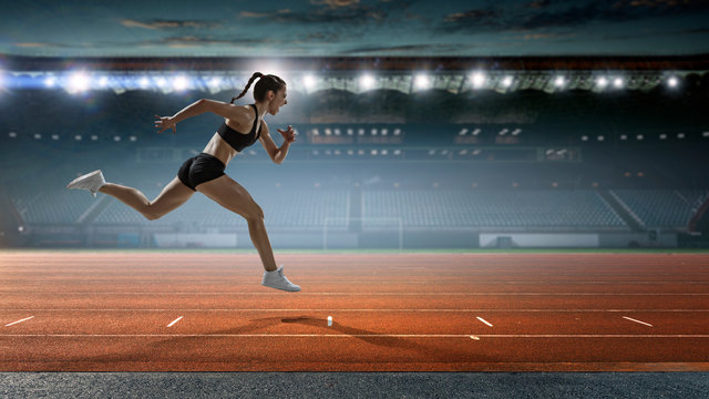Athlete running race. Mixed media