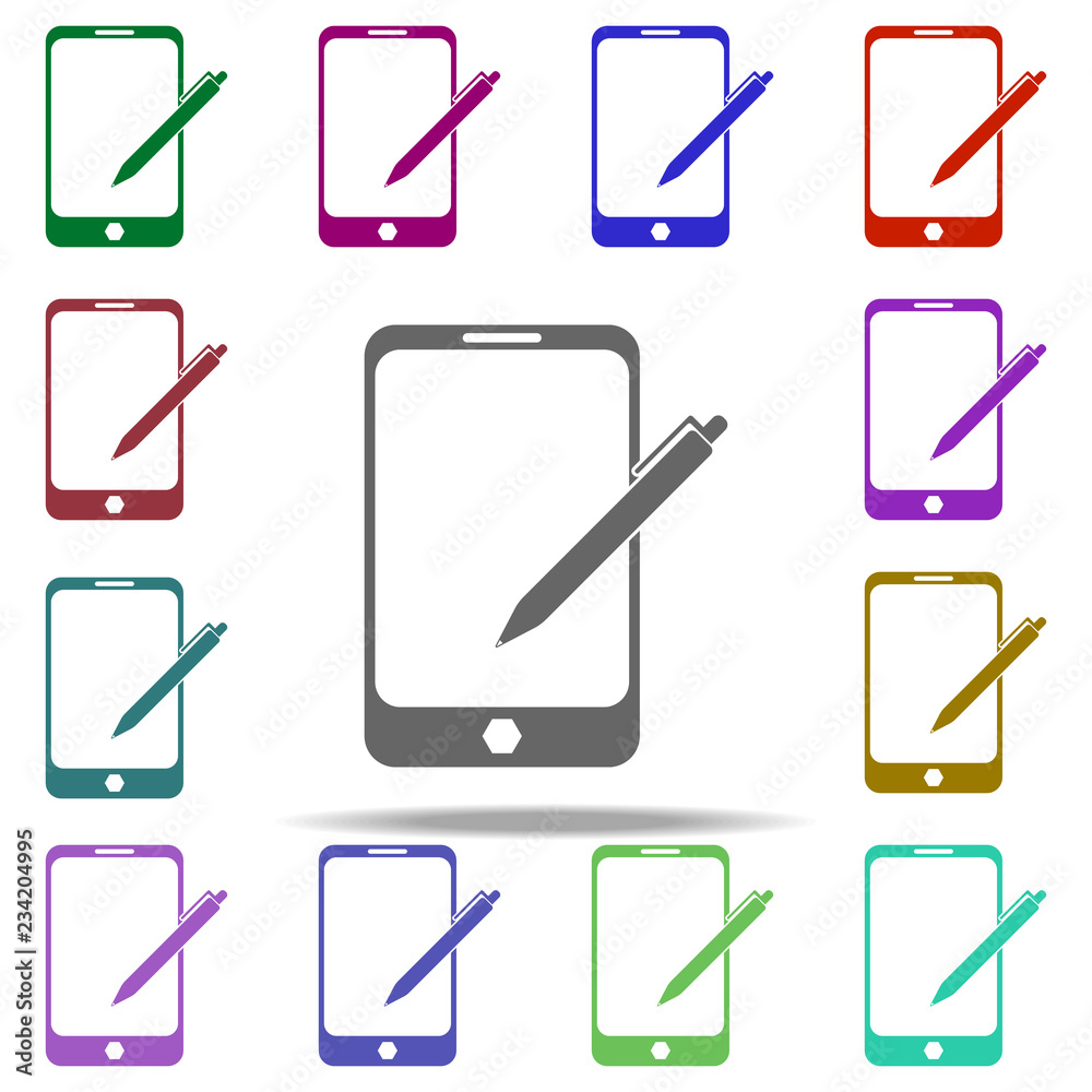 Poster tablet with stylus icon. elements of university life in multi color style icons. simple icon for web