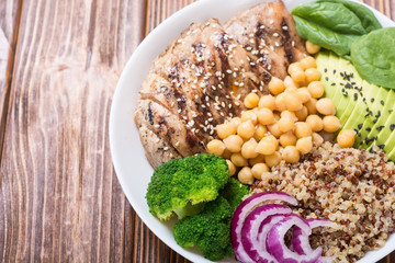Buddha bowl with broccoli , quinoa , grilled chicken , avocado and spinach