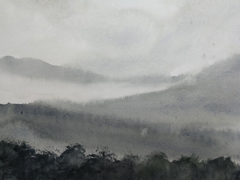 watercolor ink landscape mountain fog. traditional oriental ink asia art style.hand drawn on paper.
