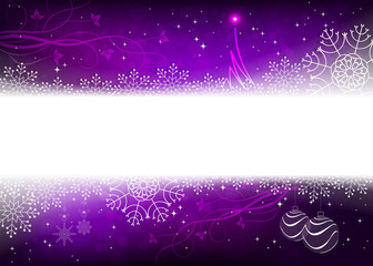 Christmas design in purple with snowflakes, glitter, small tree and balls,