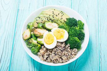 Buddha bowl with quinoa , eggs , avocado , brussels sprouts and broccoli