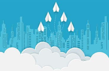 concept of business success. paper airplane white are competition to destination up to the sky between cloud natural landscape. to the target. startup. leadership. creative idea. vector illustration