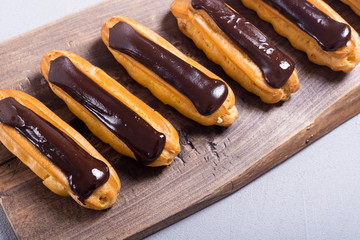 French dessert eclair with chocolate .