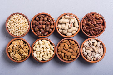 Mix of nuts : Pistachios, almonds , walnuts , pine nut , hazelnuts and cashew . Snack in bowl...