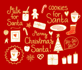 Merry Christmas Set cute mini decor. Vector gold and white hand drawing holiday elements isolated on red background. Cookies and Milk for Santa.