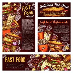 Fast food, street meals and soda vector sketch