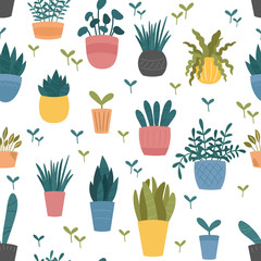 Indoor home plants in ceramic pots seamless pattern. Vector background, cute Scandinavian flat cartoon style. Potted flowers and sprouts colourful design