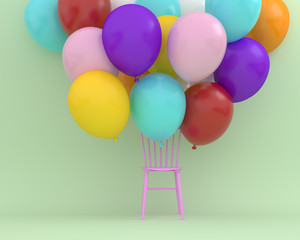 Colorful balloons floating with pink chair on green color background. Creative layout made for festival like birthday or christmas celebration party. minimal party concept idea.