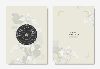 Floral wedding invitation card template design, hand drawn Clematis alpina flowers on light brown background, vintage style