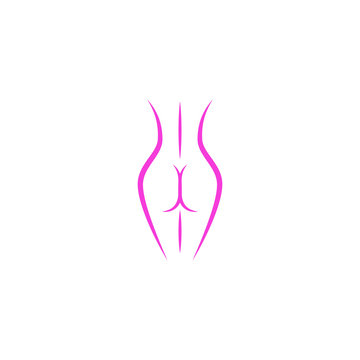 Beautiful slim lady figure of the logo in delicate pink thin lines back view, an attractive abstract shape of the female nude body, for plastic surgery of the ass icon