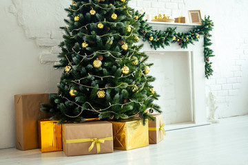 close up copyspace composition of christmas studio room with fireplace and new year tree.Christmas Eve and New Year's morning,magic and sorcery copy space