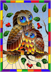 Illustration in stained glass style with fairy owl and owlet on a tree branch with leaves and berries against the sky in bright frame