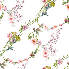 Watercolor painting of leaf and flowers, seamless pattern on white background