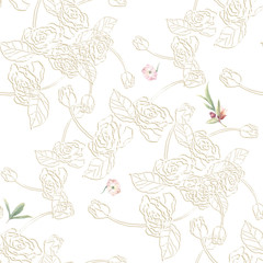 Watercolor painting of leaf and flowers, seamless pattern on white background