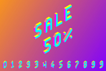 bold colorful isometric pixel 3d font. modern bright uppercase geometric alphabet numbers set. stock vector illustration clipart