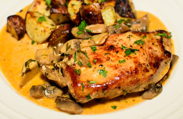 Pork Chops in a mushroom cream sauce healthy home cooking gourmet food plate