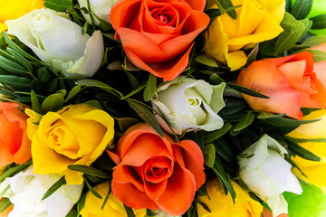 Flower bouquet of fresh multicolor roses isolated on white background, top view, floral decoration